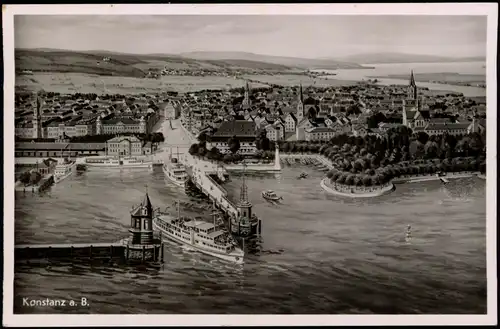 Ansichtskarte Konstanz Hafen, auslaufendes Schiff, Stadt-Panorama 1950