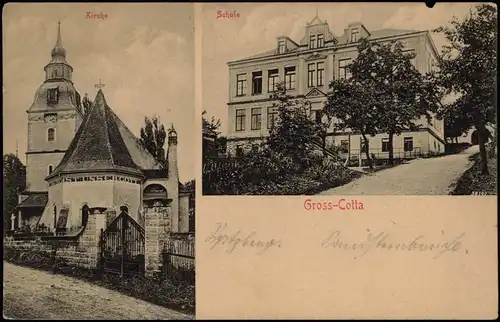 Ansichtskarte Cotta-Dohma 2-Bild-Karte mit Kirche und Schule 1910