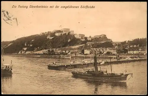 Koblenz Rhein Festung  ausgefahrene  Schiffbrücke 1914   1. WK Feldpost