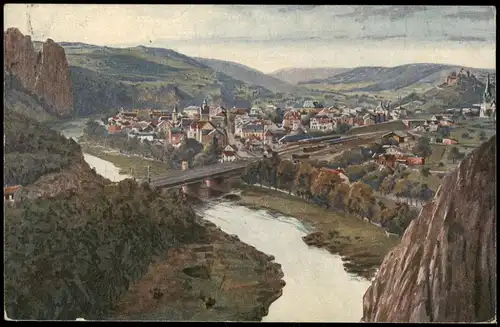 Bad Münster am Stein-Ebernburg  Partie a.d. Nahe, Künstlerkarte 1920