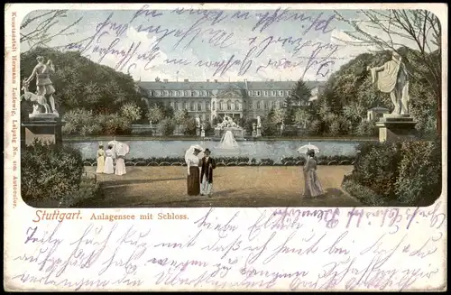 Ansichtskarte Stuttgart Anlagensee mit Schloss 1905