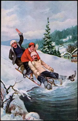 Wintersport: Schlitten/Rodeln Männer Scherz-Künstlerkarte 1917