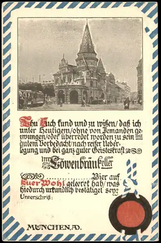 Ansichtskarte München Löwenbräukeller, mit Spruch und "Siegel" 1910