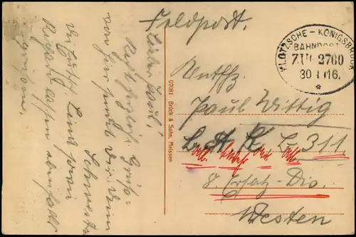 Königsbrück Garnisonlazarett. 1916  gel. Feldpost Bahnpoststempel Klotzsche KB