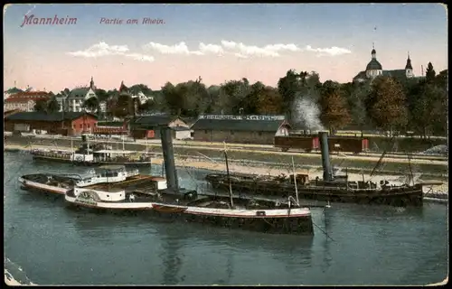 Mannheim  Partie am Rhein Kohle-Dampfer Schiffe 1917  Feldpost gelaufen