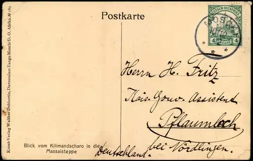 Moshi Moschi Kilimandjaro Kolonie Deutsch Ost-Afrika 1912  gel. Stempel Moshi