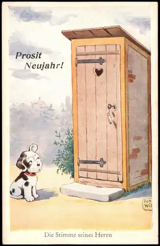 Ansichtskarte  Neujahr Sylvester New Year Hund vor Toilette 1962