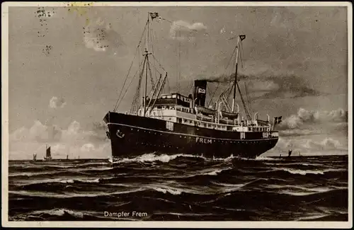 Ansichtskarte  Dampfer Frem auf See 1938   mit  Schiffspost-Stempel