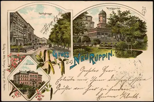 Litho AK Neuruppin Gruss Mehrbild-AK Kreisgarten Parkstrasse Seminar 1897