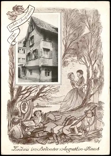 Ansichtskarte Lindau (Bodensee) Künstlerkarte Haus 1958  Drei Länder Frankatur