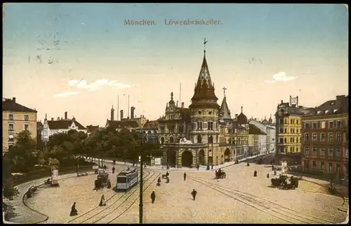 Ansichtskarte München Löwenbräukeller, Straßenbahn 1912  Rollstempel,