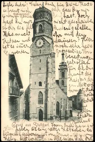 Ansichtskarte Stuttgart Stiftskirche 1899   gel FREIBURG (Ankunftsstempel)