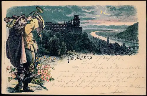 Ansichtskarte Litho AK Heidelberg Schloß bei Nacht Trompeter 1898