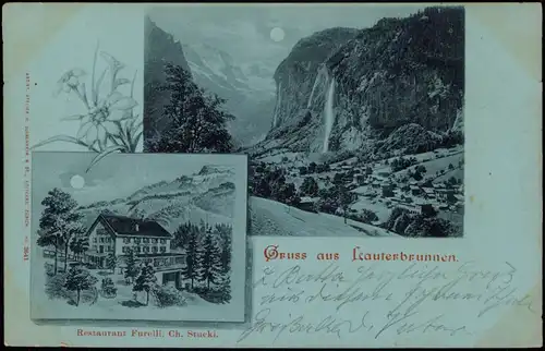 Lauterbrunnen Mondschein-AK Restaurant Furelli Ch. Stucki  1902 Luna