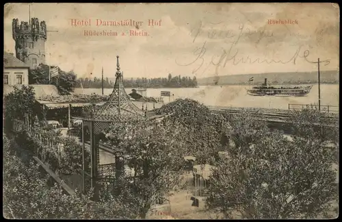 Ansichtskarte Rüdesheim (Rhein) Rhein Partie mit Hotel Darmstädter Hof 1907