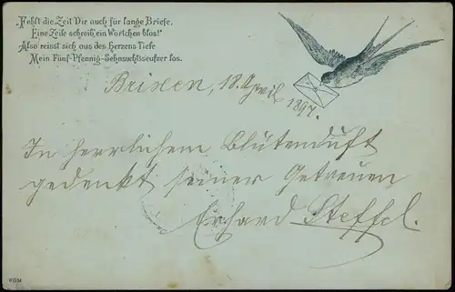 Ansichtskarte  Grusskarte: Brieftaube 1897  gel. Stempel Brixen Südtirol