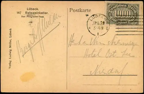Ansichtskarte Lübeck Ratsweinkeller. 1923  gel. Infla 1000 Mark