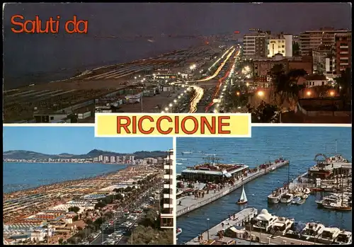 Riccione Mehrbild-AK Lungomare notturno La spiaggia Porto Canale e Darsena 1979