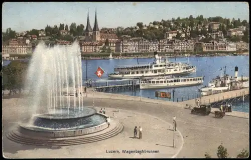 Luzern Lucerna Wagenbachbrunnen Panorama Blick zu den Schiffen 1930