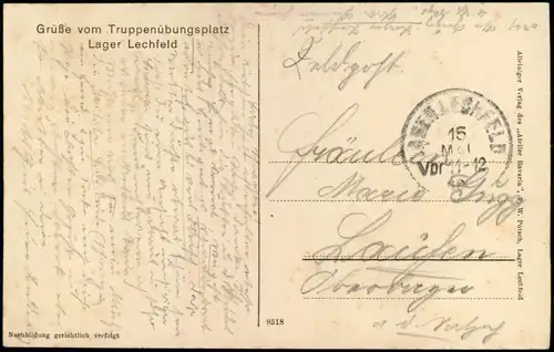 Lagerlechfeld Graben Truppenübungsplatz Inneres der Baracke 1915  gel. Feldpost