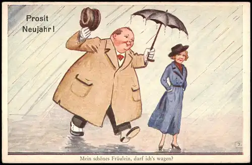 Ansichtskarte  Neujahr Sylvester New Year Mann hält Frau den Regenschirm 1955