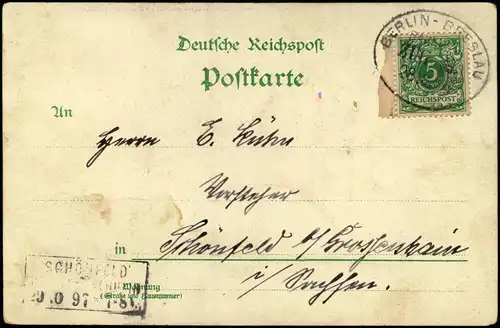 Lichterfelde-Berlin Kaiser Wilhelm I. Denkmal, Litho 1897 gel. Bahnpost Breslau