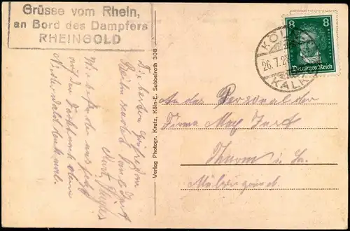 Rüdesheim Rhein  Niederwald-Denkmal 1928  gel. Bordstempel Dampfer Rheingold