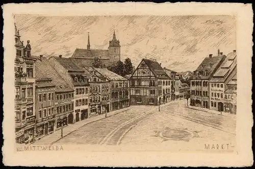 Ansichtskarte Mittweida Marktplatz Handpressen Kupferdruck Radierung 1928