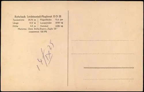 Ansichtskarte  Rohrbach Leichtmetall-Flugboot RO III - 3 Bild 1928