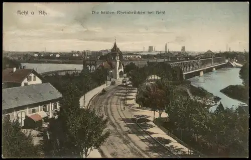 Ansichtskarte Kehl (Rhein) Die beiden Rheinbrücken - Fabrikanlagen 1919