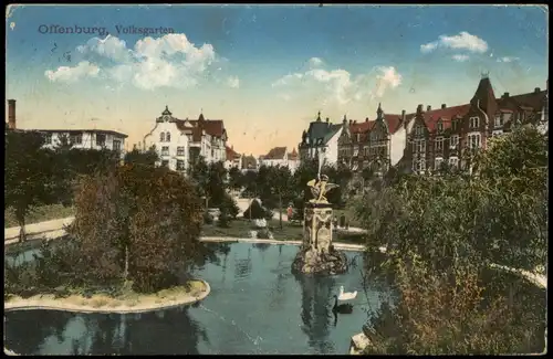 Ansichtskarte Offenburg Volksgarten, Springbrunnen - Straßenblick 1915