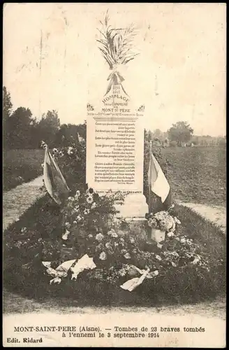 Ansichtskarte  MONT-SAINT-PERE (Aisne) Tombes de 23 braves tombés 1918   1. WK Feldpost gelaufen