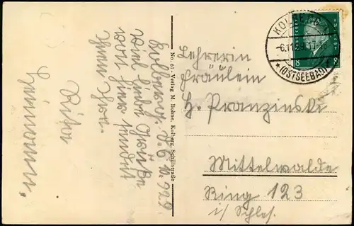 Postcard Kolberg Kołobrzeg Kurhaus Strandschloß 1929