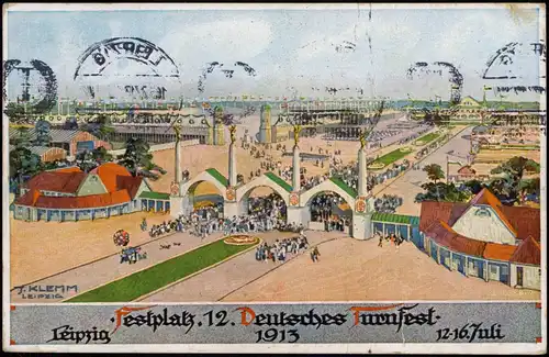 Leipzig 12. Deutsches Turnfest - Künstlerkarte 1913 gel passender Sonderstempel