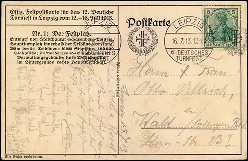 Leipzig 12. Deutsches Turnfest - Künstlerkarte 1913 gel passender Sonderstempel