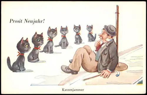 Neujahr Sylvester New Year Prosit Neujahr! Katzenjammer, Humorkarte 1950