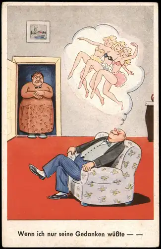 Wenn ich nur seine Gedanken wüßte; Humorkarte, Mann träumt von Frauen 1950