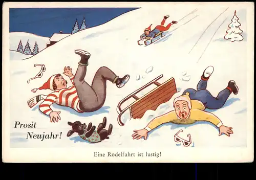 Ansichtskarte  Humor Karte: Prosit Neujahr! Eine Rodelfahrt ist lustig! 1950