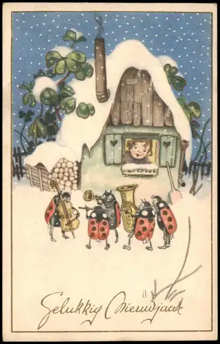 Ansichtskarte  Neujahr Sylvester New Year; Käfer spielen Musik 1950