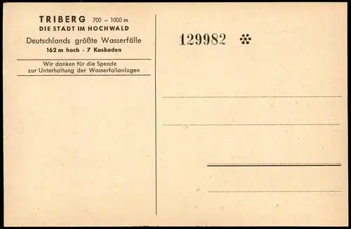 Triberg im Schwarzwald TRIBERGER WASSERFÄLLE Spenden-Postkarte (numeriert) 1950