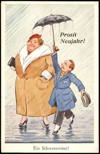 Neujahr Sylvester New Year "Ein Schwerenöter!" Humor-Karte 1950