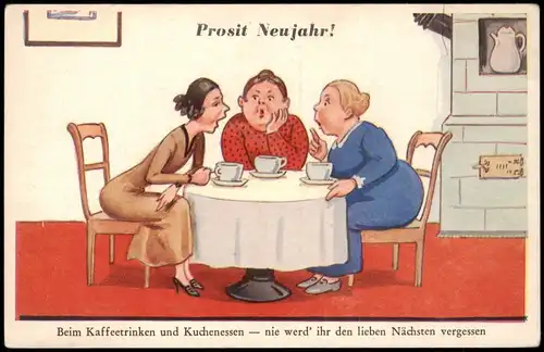 Neujahr Sylvester New Year "Prosit Neujahr!" Kaffee-Trinken & Kuchen-Essen 1950