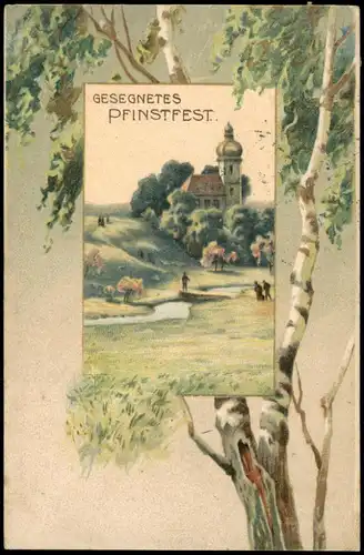 Glückwunsch: Pfingsten Birke und Kirche Künstlerkarte 1908 Passepartout