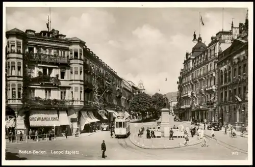 Ansichtskarte Baden-Baden Leopoldsplatz, Geschäfte - Straßenbahn 1930