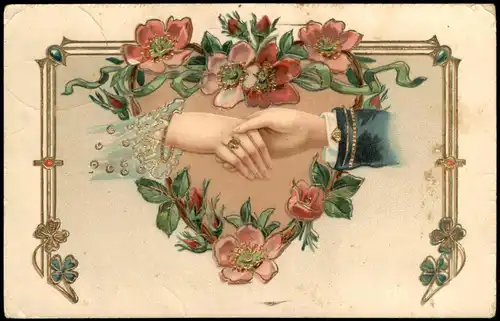 Liebe Liebespaare - Love Herz Heart Rosen Hände 1911 Goldrand/Prägekarte