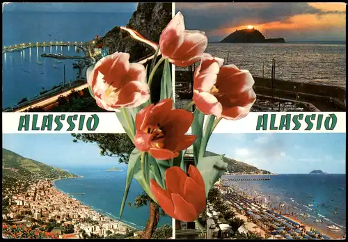 Alassio Mehrbild-AK Il porto all'imbrunire Alba  ponente Spiaggia 1977