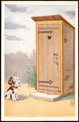 Ansichtskarte  Scherzkarte Hund vor Toilette 1955