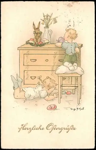 Glückwunsch Ostern / Easter Künstlerkarte Kinder bei der Eier suche 1937