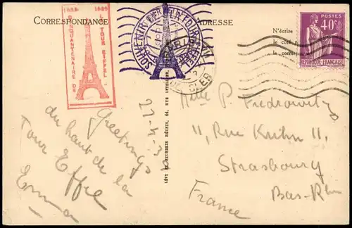 CPA Paris Eiffelturm/Tour Eiffel - Spitze 1929  Besuchsstempel