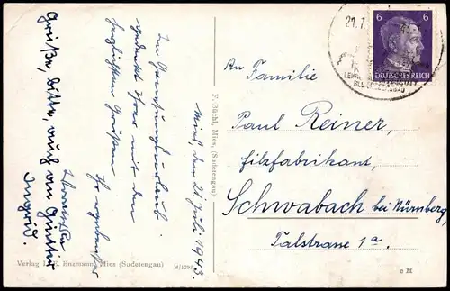 Postcard Mies Stříbro Blick auf die Stadt Reg. Pilsen Plzen 1943